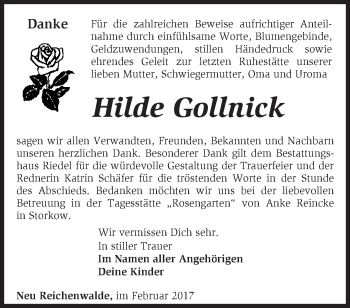 Traueranzeige von Hilde Gollnick von Märkische Oderzeitung