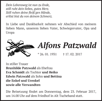 Traueranzeige von Alfons Patzwald von Märkische Oderzeitung