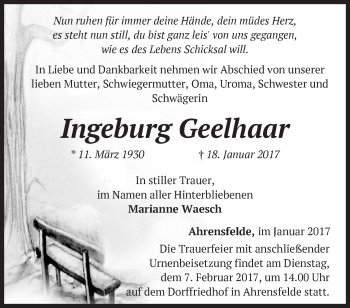 Traueranzeige von Ingeburg Geelhaar von Märkische Oderzeitung