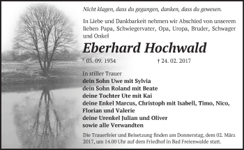 Traueranzeige von Eberhard Hochwald von Märkische Oderzeitung