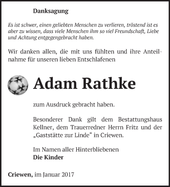 Traueranzeige von Adam Rathke von Märkische Oderzeitung