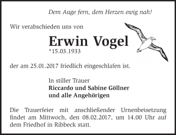 Traueranzeige von Erwin Vogel von Märkische Oderzeitung