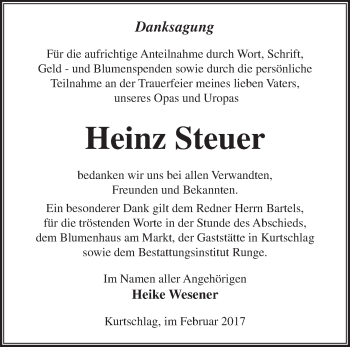 Traueranzeige von Heinz Steuer von Märkische Oderzeitung