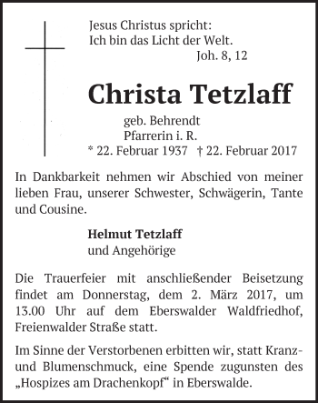 Traueranzeige von Christa Tetzlaff von Märkische Oderzeitung