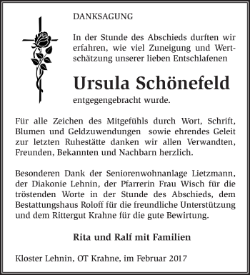 Traueranzeige von Ursula Schönefeld von Märkische Oderzeitung