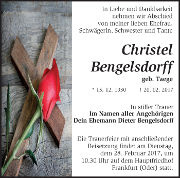 Traueranzeige von Christel Bengelsdorff von Märkische Oderzeitung