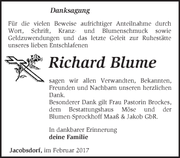 Traueranzeige von Richard Blume von Märkische Oderzeitung