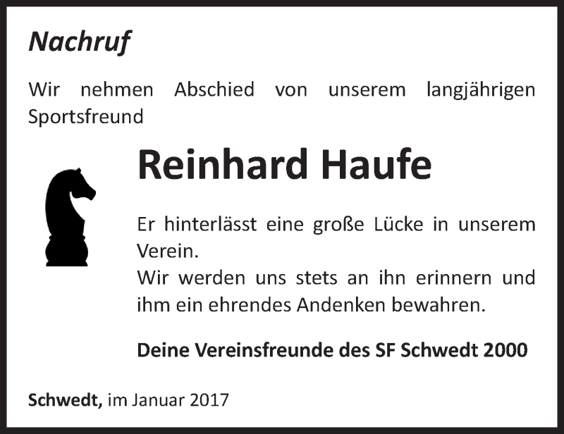  Traueranzeige für Reinhard Haufe vom 05.02.2017 aus Märkische Oderzeitung