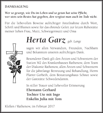 Traueranzeige von Herta Garz von Märkische Oderzeitung