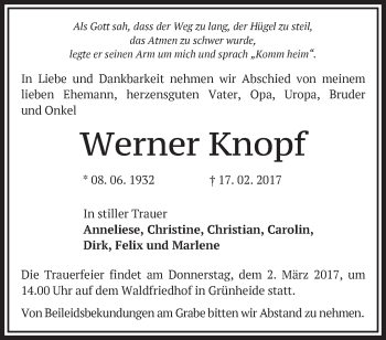 Traueranzeige von Werner Knopf von Märkische Oderzeitung