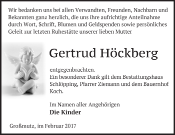 Traueranzeige von Gertrud Höckberg von Märkische Oderzeitung