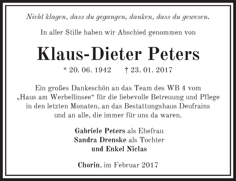  Traueranzeige für Klaus-Dieter Peters vom 12.02.2017 aus Märkische Oderzeitung