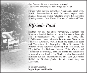 Traueranzeige von Elfriede Paul von Märkische Oderzeitung