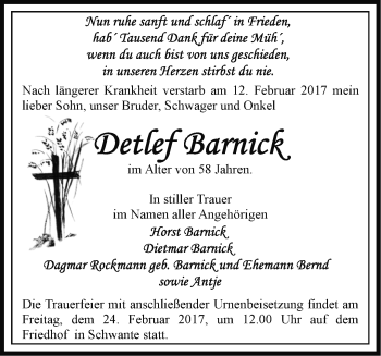 Traueranzeige von Detlef Barnick von Märkische Oderzeitung