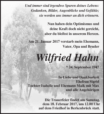 Traueranzeige von Wilfried Hahn von Märkische Oderzeitung