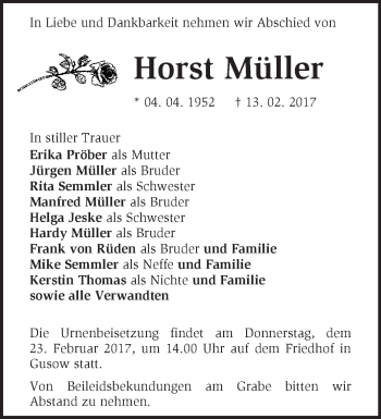 Traueranzeige von Horst Müller von Märkische Oderzeitung