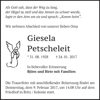 Traueranzeige von Giesela Petscheleit von Märkische Oderzeitung