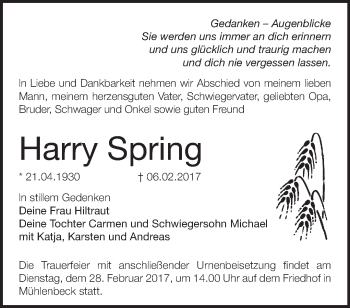 Traueranzeige von Harry Spring von Märkische Oderzeitung