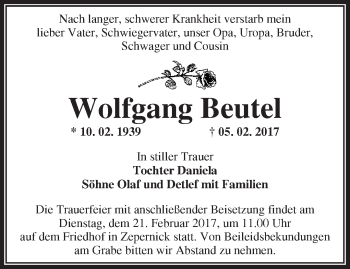 Traueranzeige von Wolfgang Beutel von Märkische Oderzeitung