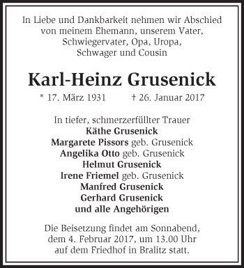 Traueranzeige von Karl-Heinz Grusenick von Märkische Oderzeitung