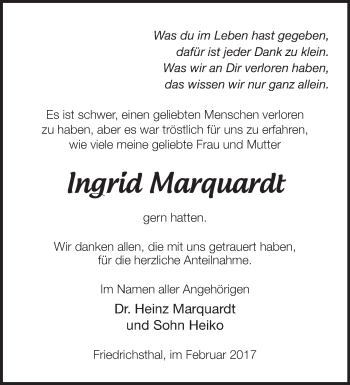 Traueranzeige von Ingrid Marquardt von Märkische Oderzeitung