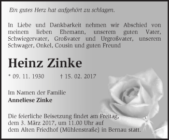 Traueranzeige von Heinz Zinke von Märkische Oderzeitung