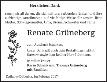 Traueranzeige von Renate Grüneberg von Märkische Oderzeitung