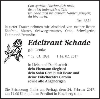 Traueranzeige von Edeltraut Schade von Märkische Oderzeitung