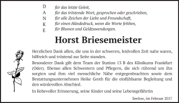 Traueranzeige von Horst Briesemeister von Märkische Oderzeitung