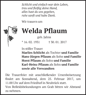 Traueranzeige von Welda Pflaum von Märkische Oderzeitung