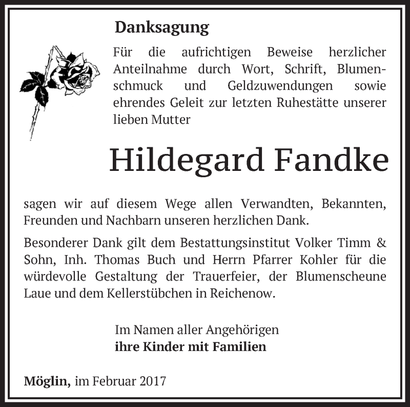  Traueranzeige für Hildegard Fandke vom 26.02.2017 aus Märkische Oderzeitung