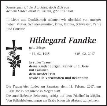 Traueranzeige von Hildegard Fandke von Märkische Oderzeitung