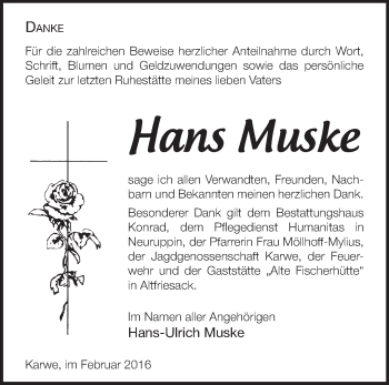 Traueranzeige von Hans Muske von Märkische Oderzeitung