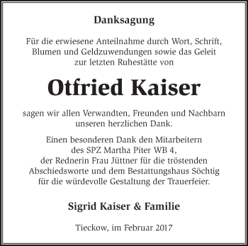 Traueranzeige von Otfried Kaiser von Märkische Oderzeitung