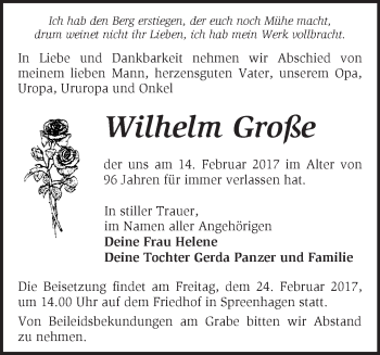 Traueranzeige von Wilhelm Große von Märkische Oderzeitung