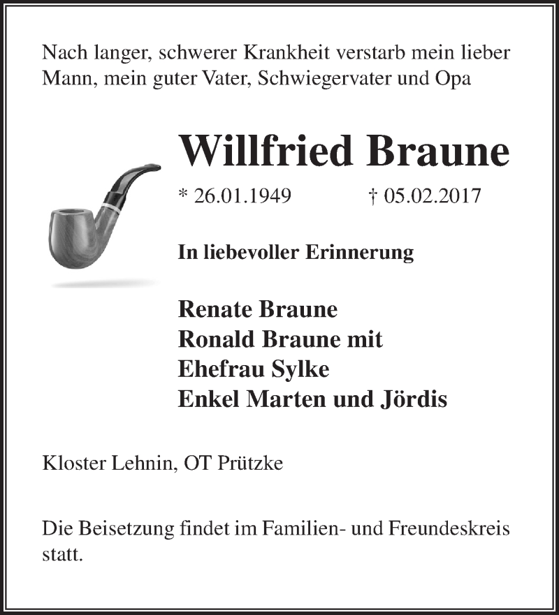  Traueranzeige für Willfried Braune vom 12.02.2017 aus Märkische Oderzeitung