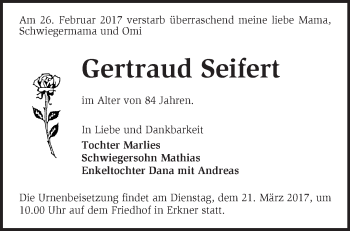 Traueranzeige von Gertraud Seifert von Märkische Oderzeitung