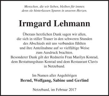 Traueranzeige von Irmgard Lehmann von Märkische Oderzeitung