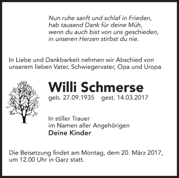 Traueranzeige von Willi Schmerse von Märkische Oderzeitung