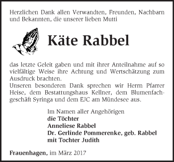 Traueranzeige von Käte Rabbel von Märkische Oderzeitung