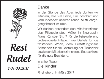 Traueranzeige von Resi Rudel von Märkische Oderzeitung