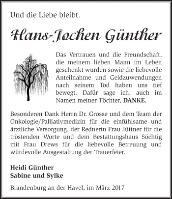 Traueranzeige von Hans-Jochen Günther von Märkische Oderzeitung