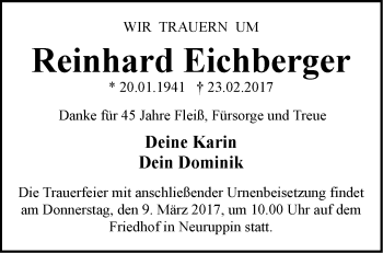 Traueranzeige von Reinhard Eichberger von Märkische Oderzeitung