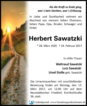 Traueranzeige von Herbert Sawatzki von Märkische Oderzeitung