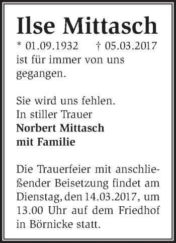 Traueranzeige von Ilse Mittasch von Märkische Oderzeitung