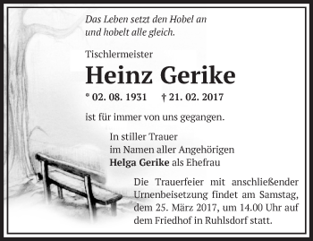 Traueranzeige von Heinz Gerike von Märkische Oderzeitung