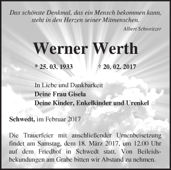Traueranzeige von Werner Werth von Märkische Oderzeitung