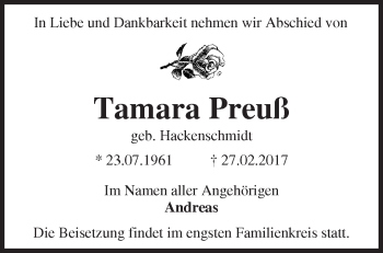 Traueranzeige von Tamara Preuß von Märkische Oderzeitung