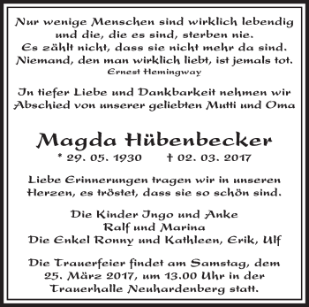 Traueranzeige von Magda Hübenbecker von Märkische Oderzeitung