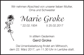 Traueranzeige von Marie Groke von Märkische Oderzeitung